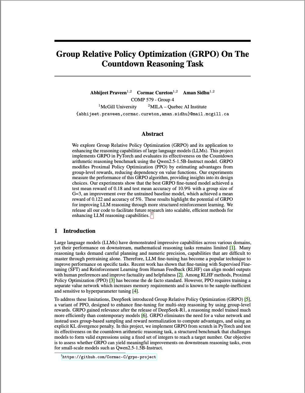GRPO on the Countdown Reasoning Task