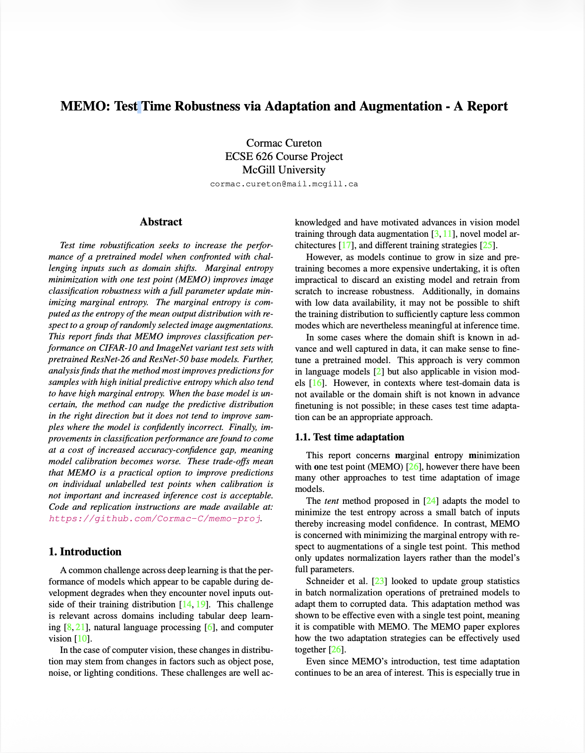 MEMO: Test Time Robustness Reimplementation and Investigation