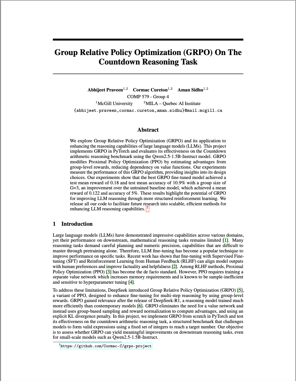 GRPO on the Countdown Reasoning Task